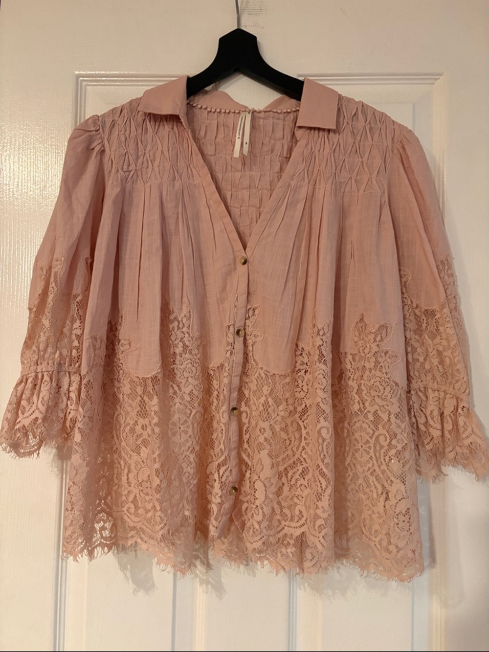 Anthropologie Blush Pink Lace-Trimmed Peasant Blouse